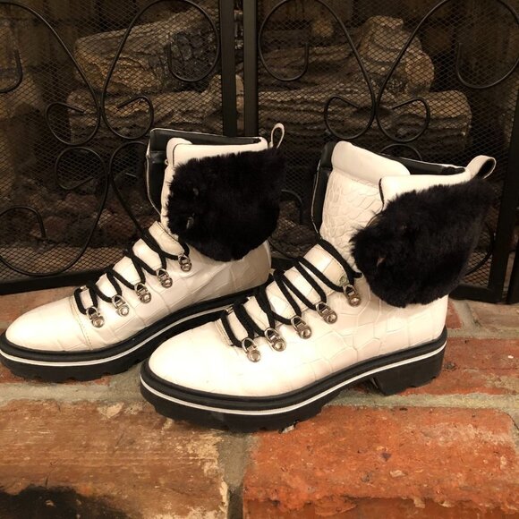 Sigerson Morrison Faux Fur Ankle Boot Size 37 1/2 Leather Macre2 White - Picture 1 of 10